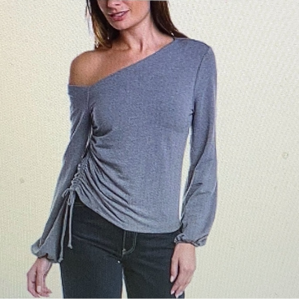 Project Social T Oh Hey Off-Shoulder Gray Ruched Side Top Sz M NWT